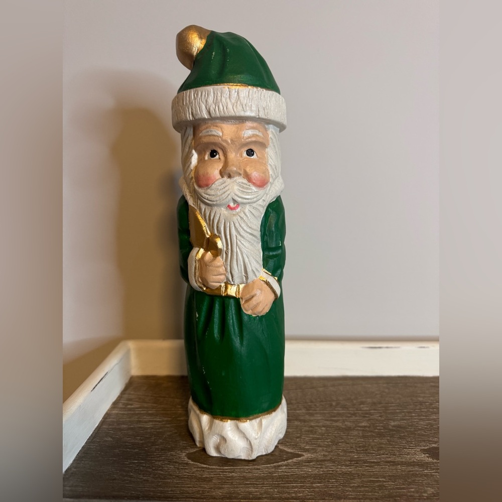 Pottery Barn Vintage Santa Mango Wood Figurine Green and Gold 11” tall